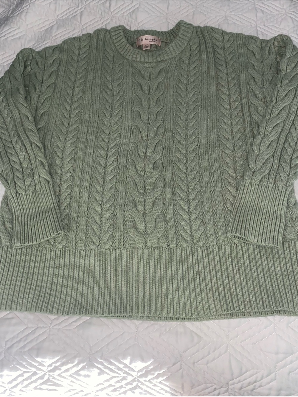 Philosophy Sage Green Cable Knit Crewneck Fisherman style Sweater M